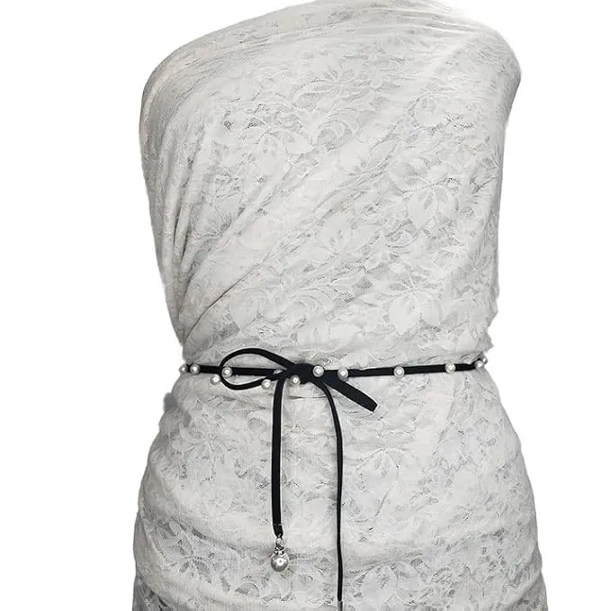 Cord Suede Belt with Pearl Accents