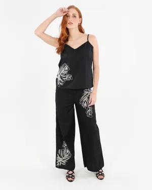 Cotton Embroidered Flare Leg Pants