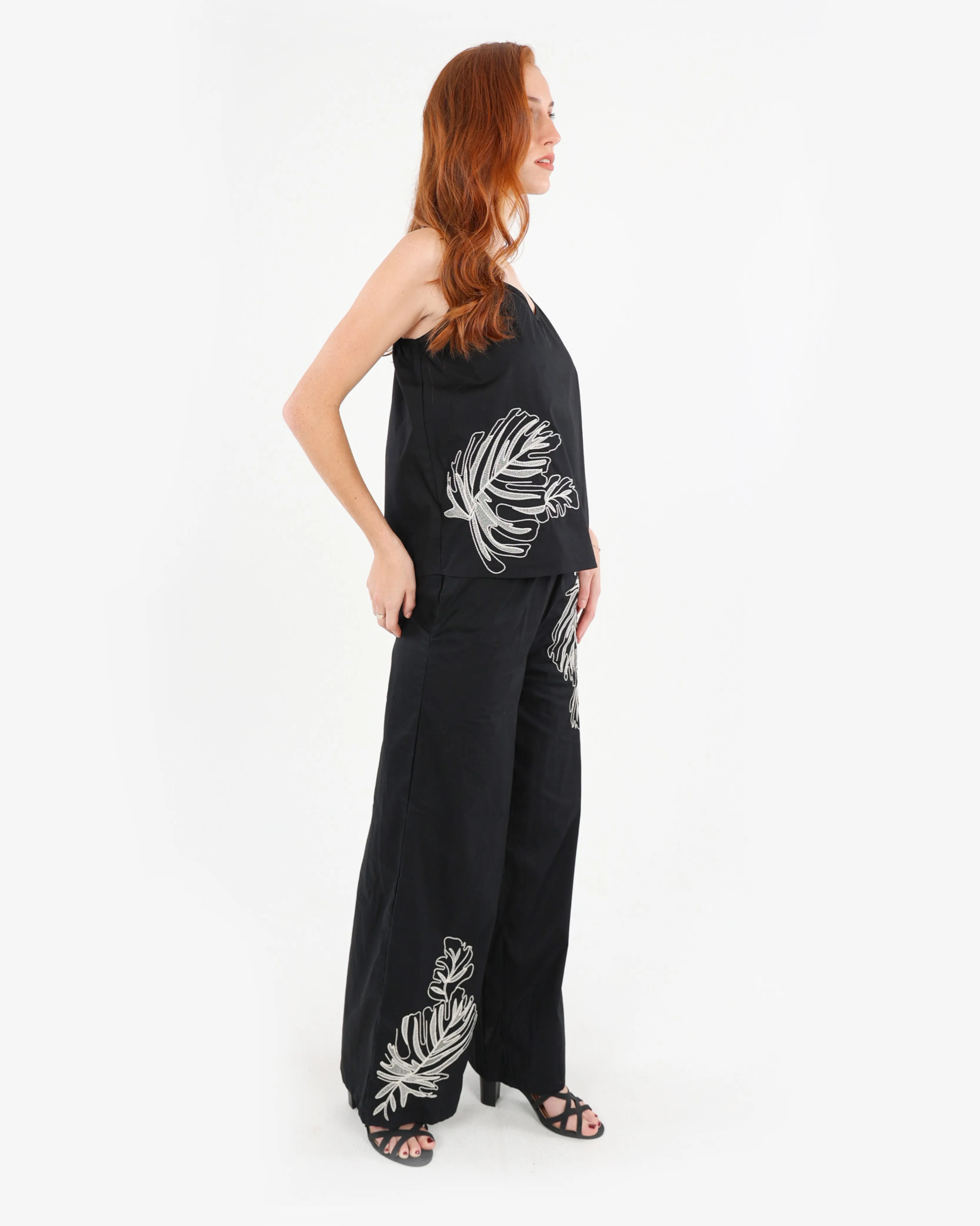 Cotton Embroidered Flare Leg Pants