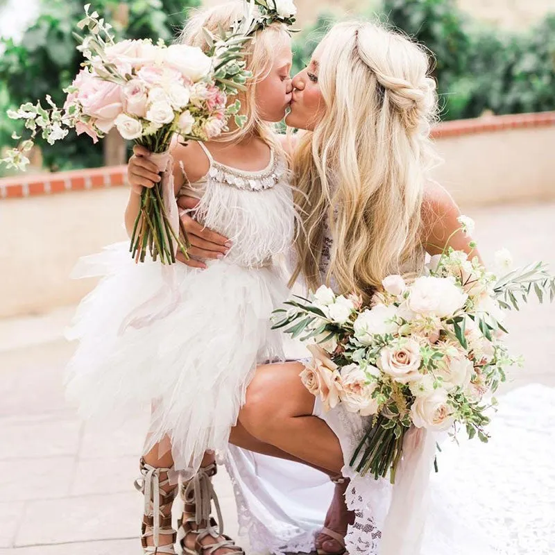 Cute A-line Spaghetti Straps Feather Tea Length Flower Girl Dresses