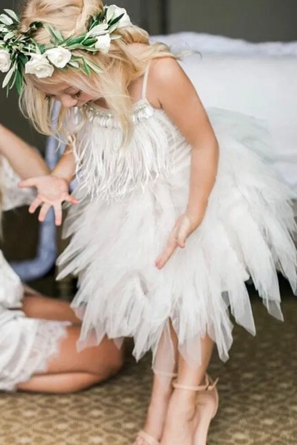 Cute A-line Spaghetti Straps Feather Tea Length Flower Girl Dresses