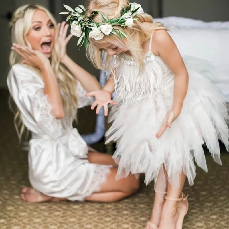 Cute A-line Spaghetti Straps Feather Tea Length Flower Girl Dresses