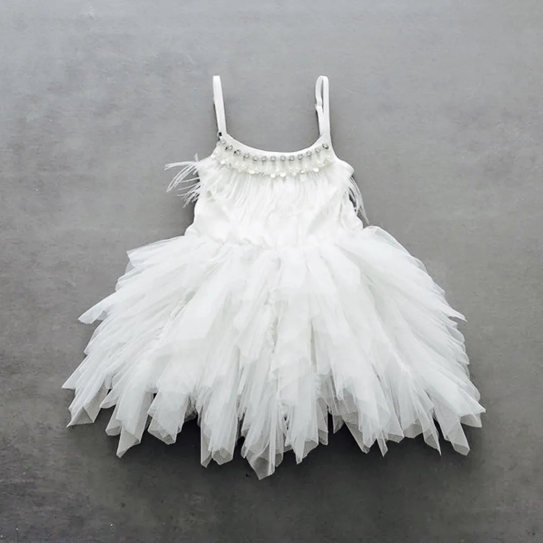 Cute A-line Spaghetti Straps Feather Tea Length Flower Girl Dresses