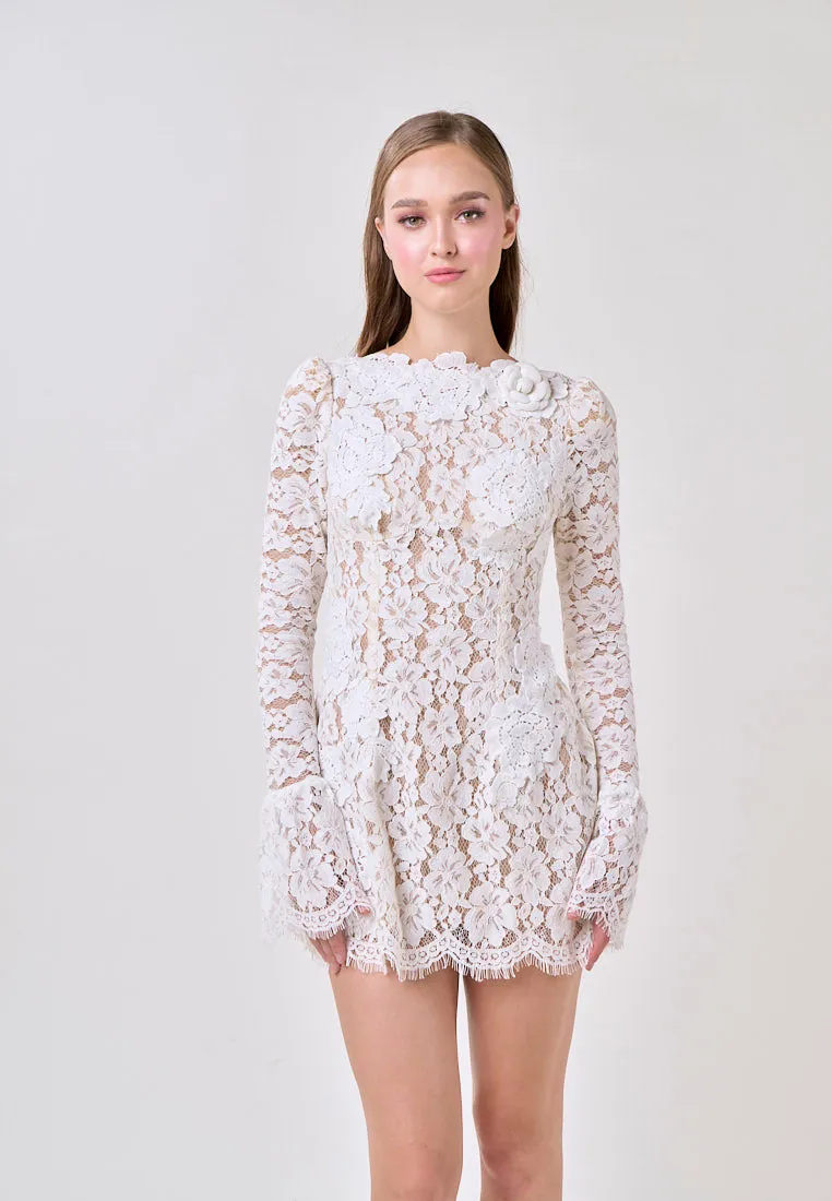 Dania Beige Jewel Flare Long Sleeve Lace Mini Dress