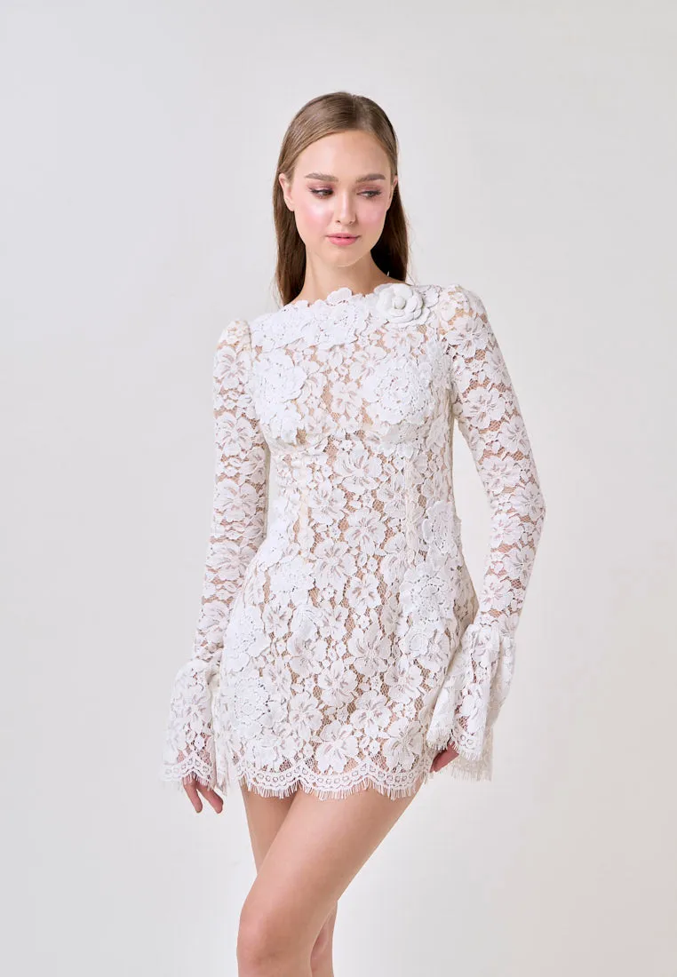 Dania Beige Jewel Flare Long Sleeve Lace Mini Dress