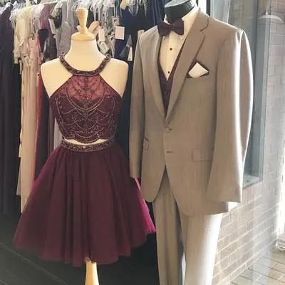 Dark Red Short Prom Gowns with Halter Short Two Pieces Prom Homecoming Dress