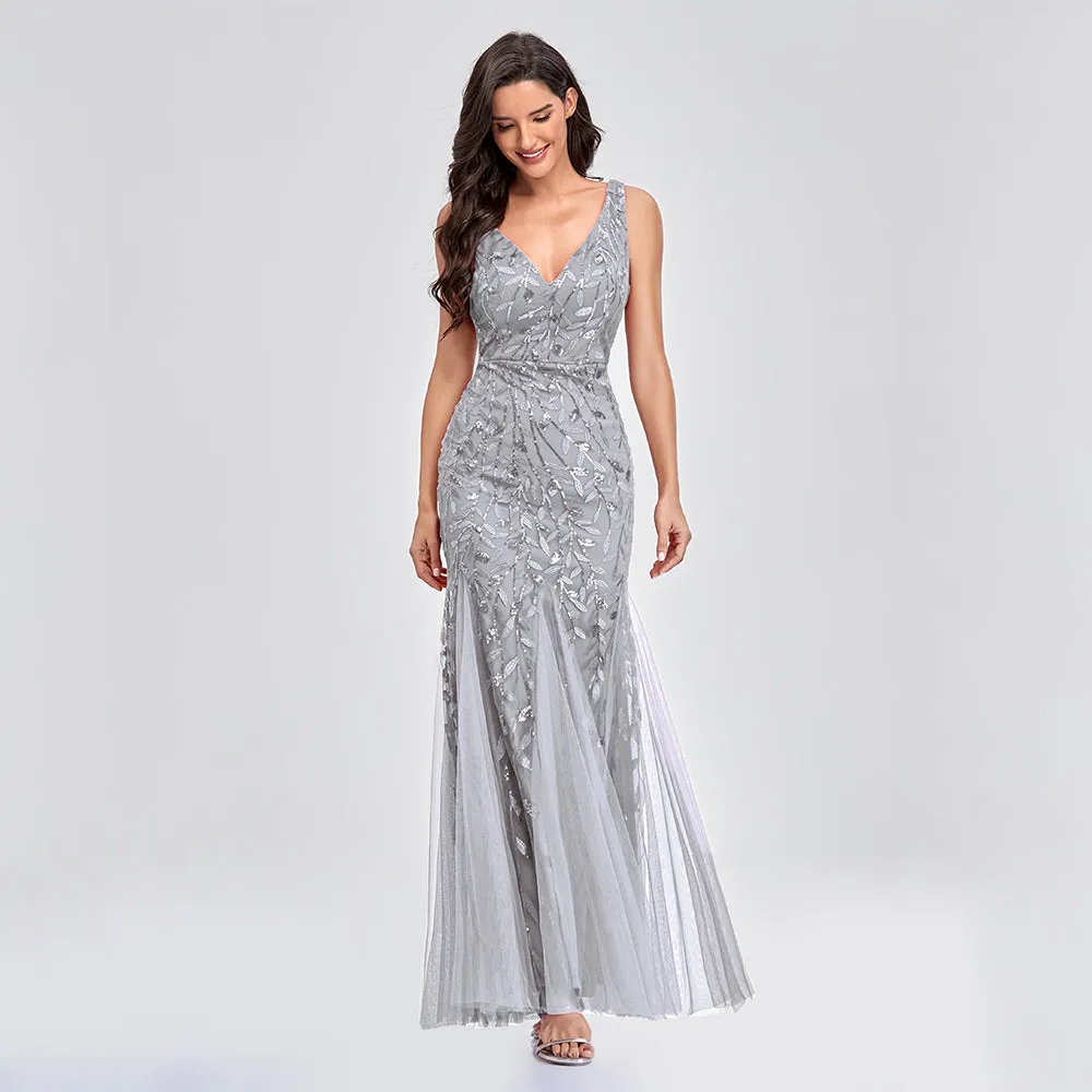 Deep V-Neck Elegant Woman Formal Maxi Evening party dress
