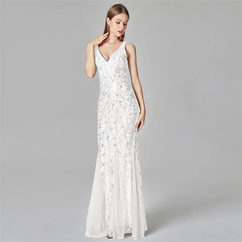 Deep V-Neck Elegant Woman Formal Maxi Evening party dress