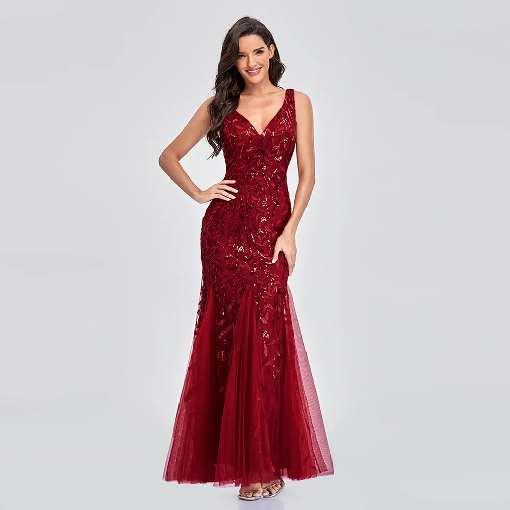 Deep V-Neck Elegant Woman Formal Maxi Evening party dress