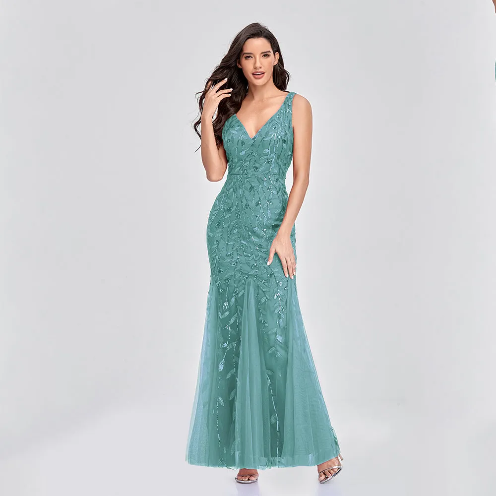 Deep V-Neck Elegant Woman Formal Maxi Evening party dress