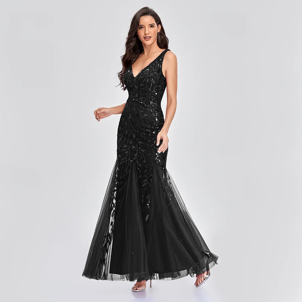 Deep V-Neck Elegant Woman Formal Maxi Evening party dress