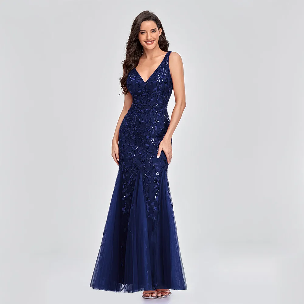 Deep V-Neck Elegant Woman Formal Maxi Evening party dress