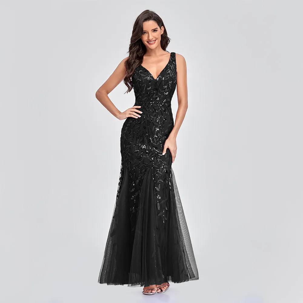 Deep V-Neck Elegant Woman Formal Maxi Evening party dress