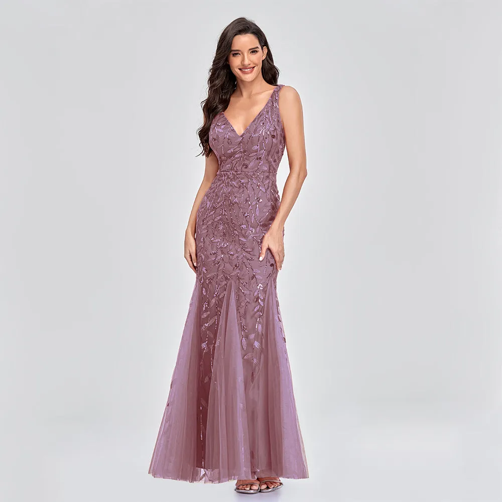 Deep V-Neck Elegant Woman Formal Maxi Evening party dress