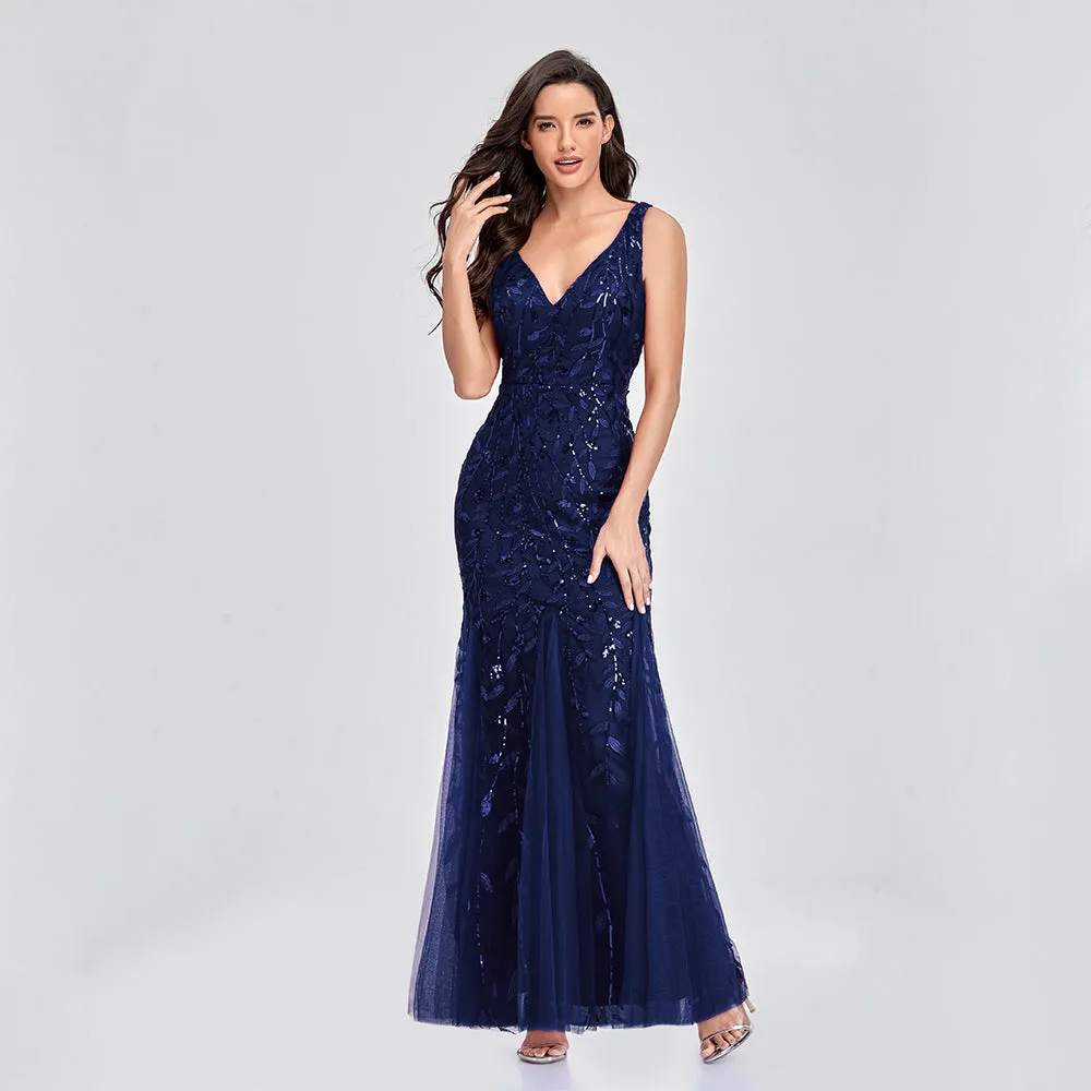 Deep V-Neck Elegant Woman Formal Maxi Evening party dress