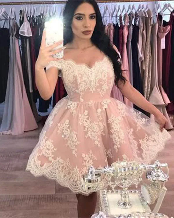 Delicate Short Homecoming Dresses Freshman Blush Pink and White Lace Prom Party Gowns Cocktail Dress