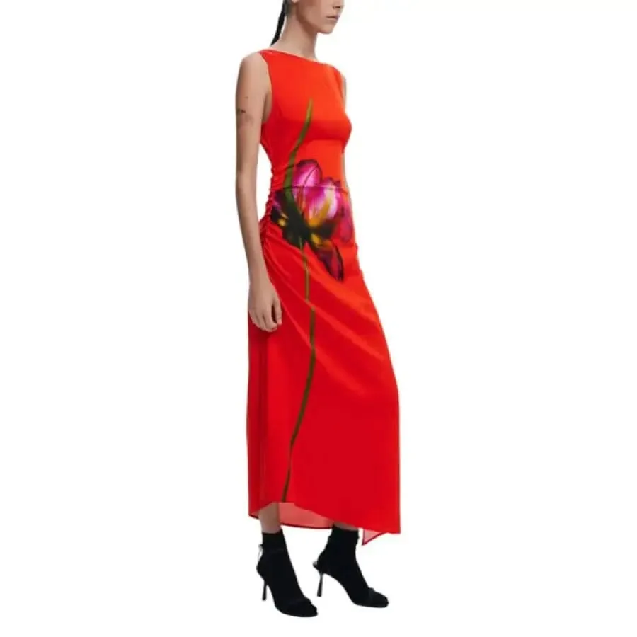Desigual Sleeveless Red Floral Boat Neck Dress