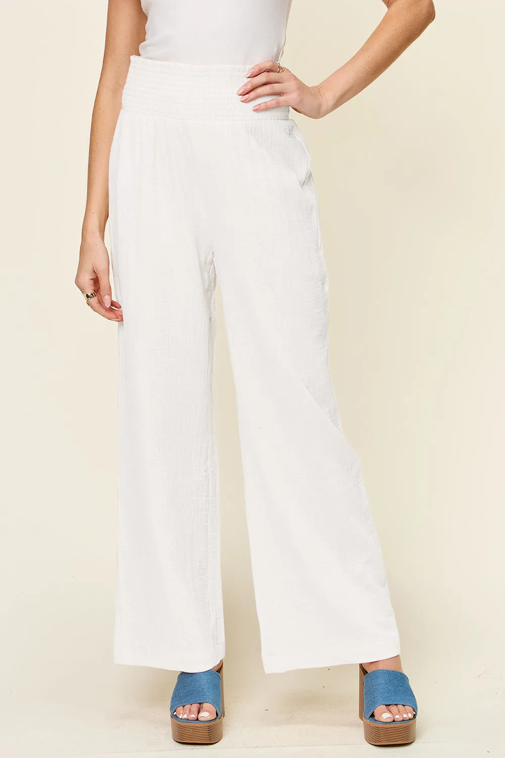 Double Take Full Size Textured Smocked Waist Wide Leg Pants