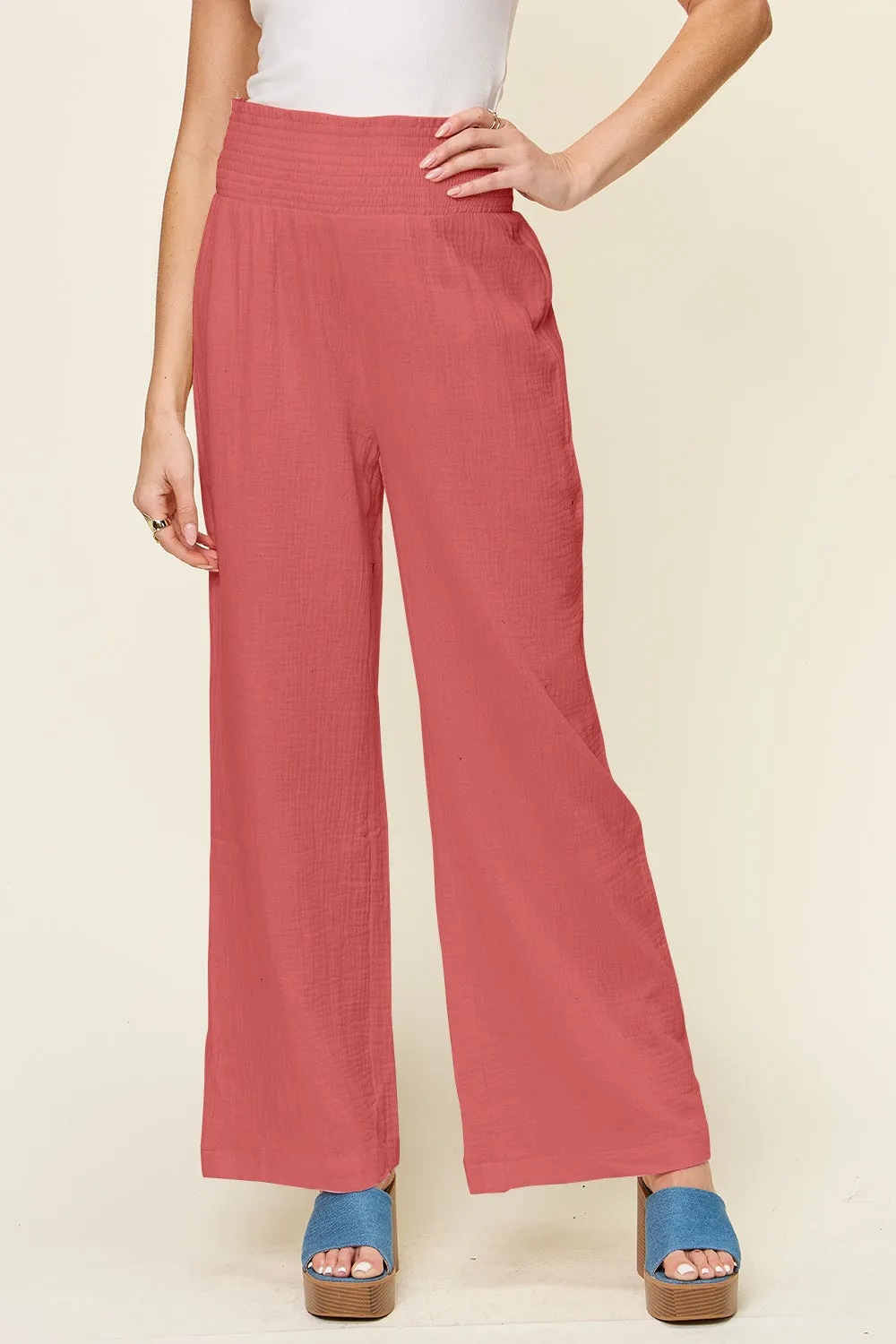 Double Take Full Size Textured Smocked Waist Wide Leg Pants