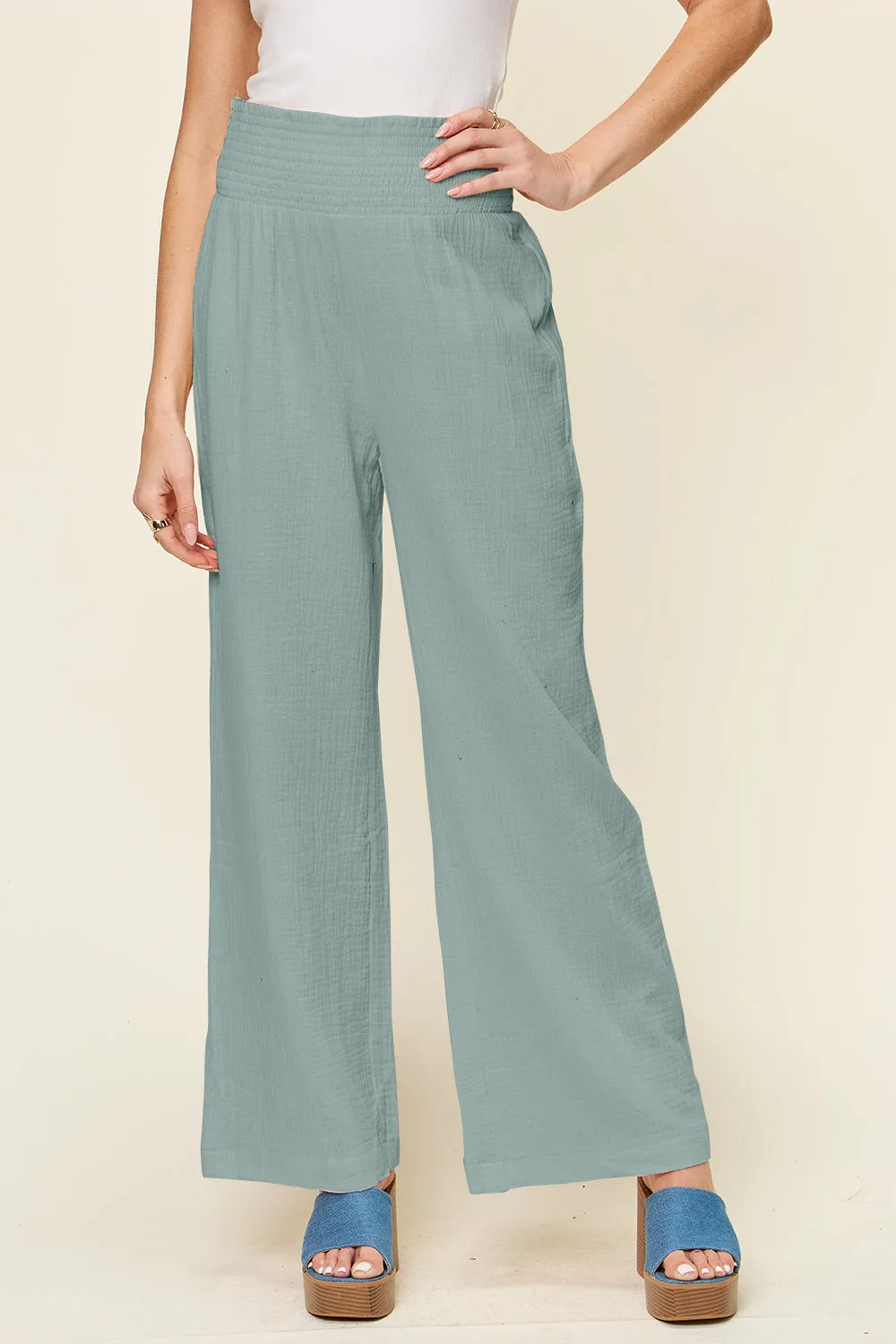 Double Take Full Size Textured Smocked Waist Wide Leg Pants