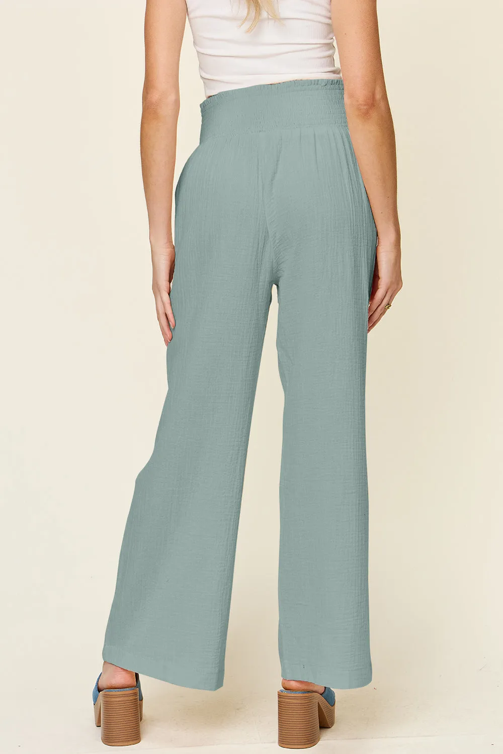 Double Take Full Size Textured Smocked Waist Wide Leg Pants