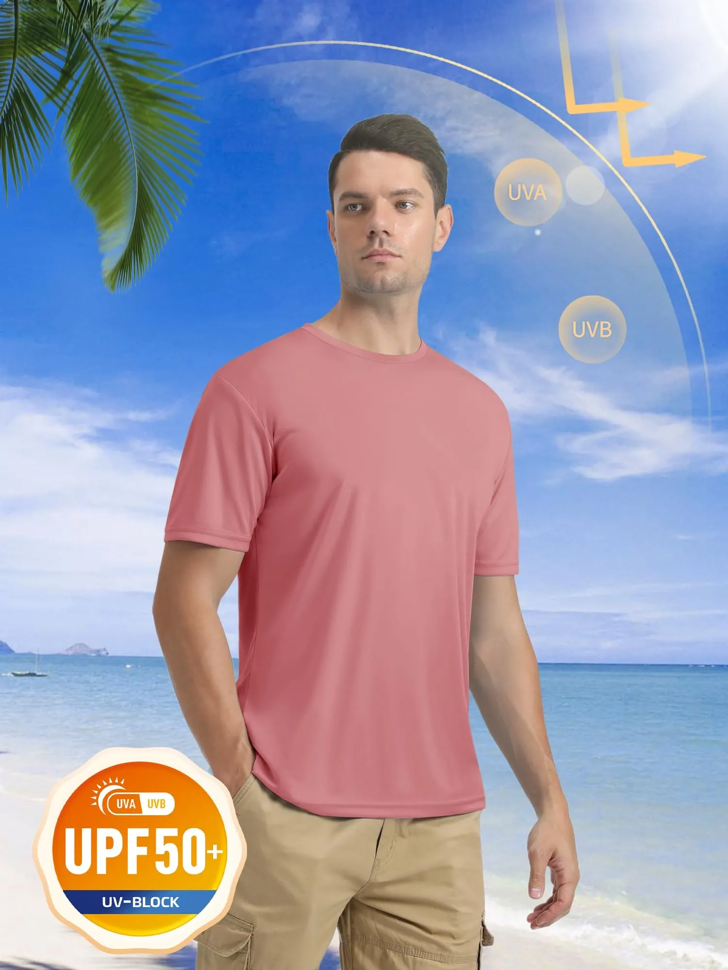 Dry Fit Shirts Men Workout Shirts Summer UPF 50 Shirts Rash Guards Shirts Moisture Wicking Running T-Shirt Outdoor Tshirts Grey Pink