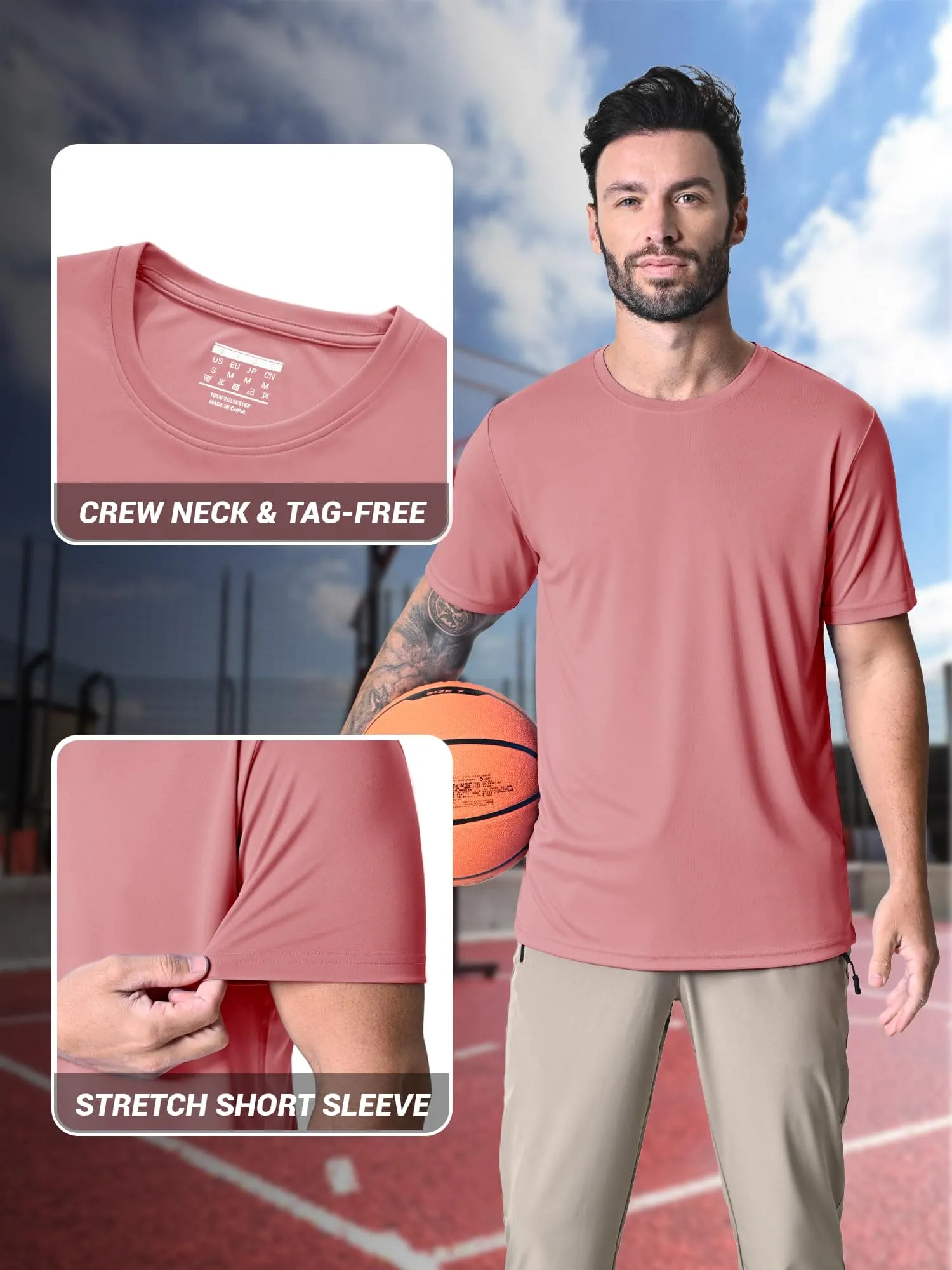 Dry Fit Shirts Men Workout Shirts Summer UPF 50 Shirts Rash Guards Shirts Moisture Wicking Running T-Shirt Outdoor Tshirts Grey Pink