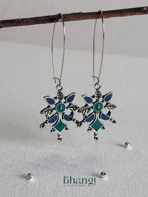 Dual ColourLong Hook Earring - Silver tone - Green & Blue