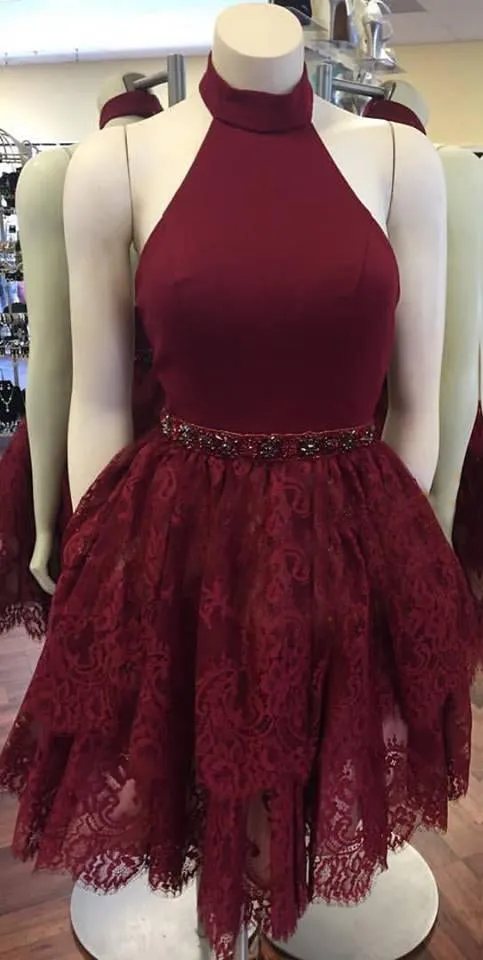 Elegant 2018 Burgundy Prom Dresses Halter Short Lace Party Gowns
