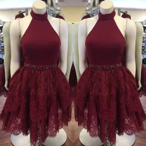 Elegant 2018 Burgundy Prom Dresses Halter Short Lace Party Gowns