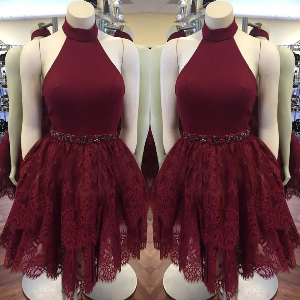 Elegant 2018 Burgundy Prom Dresses Halter Short Lace Party Gowns
