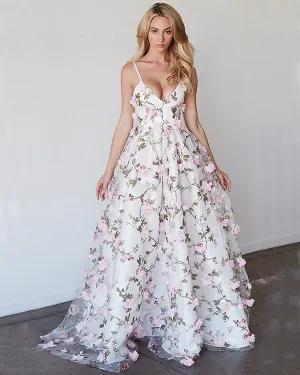 Elegant 3D Floral Gown Prom Dresses Sexy V-Neck Spaghetti Straps Long Homecoming Dress 2020