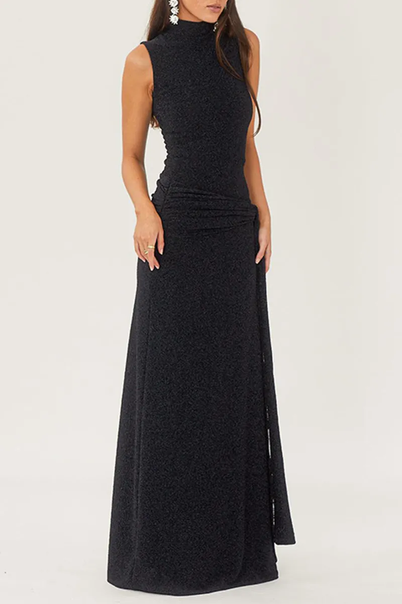 Elegant Solid Sequins Sequined Half A Turtleneck Sleeveless Dresses