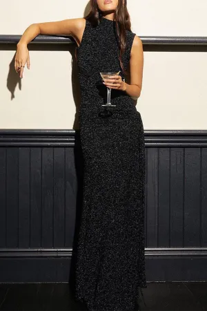 Elegant Solid Sequins Sequined Half A Turtleneck Sleeveless Dresses