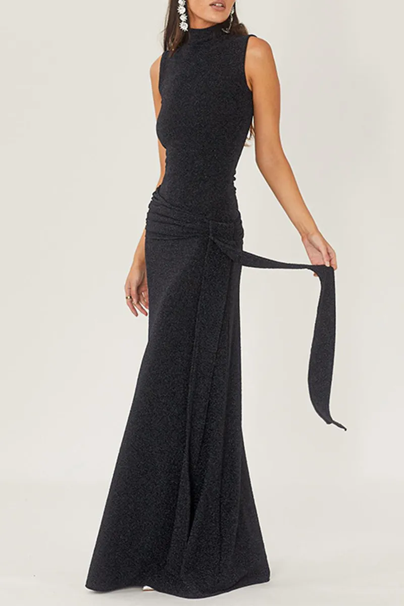 Elegant Solid Sequins Sequined Half A Turtleneck Sleeveless Dresses