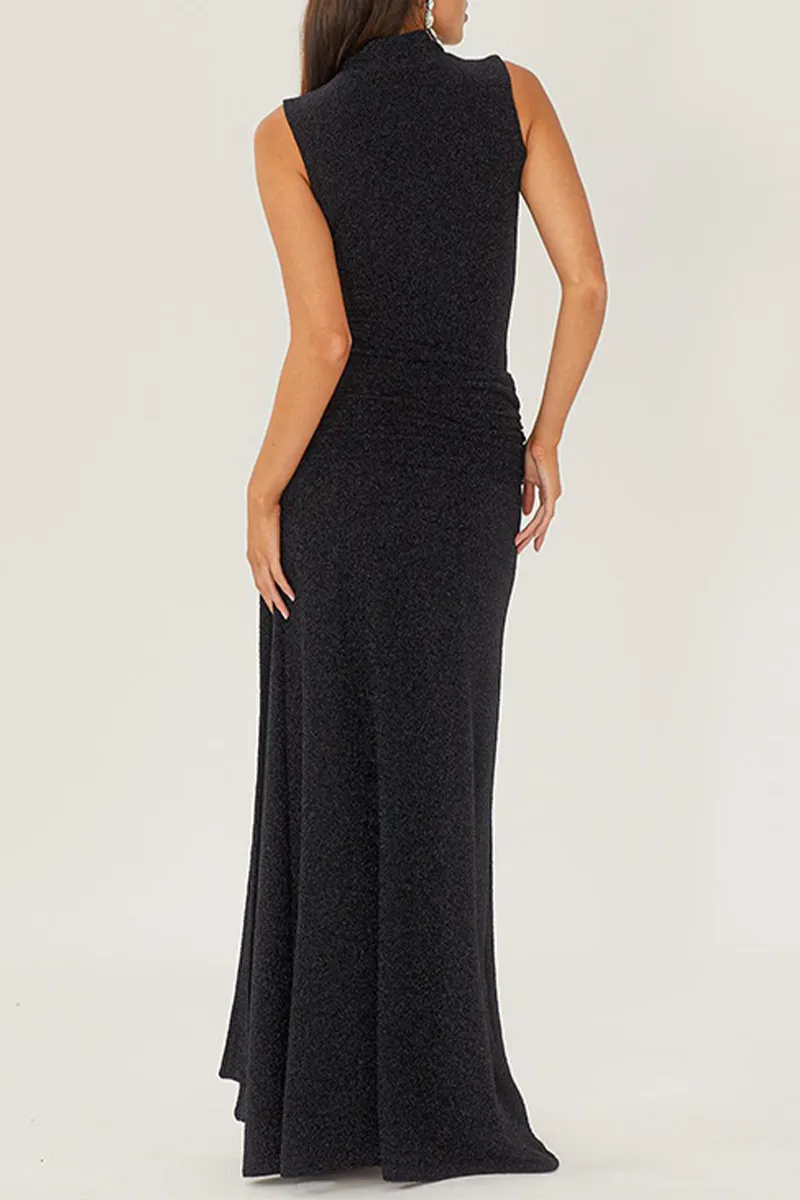 Elegant Solid Sequins Sequined Half A Turtleneck Sleeveless Dresses
