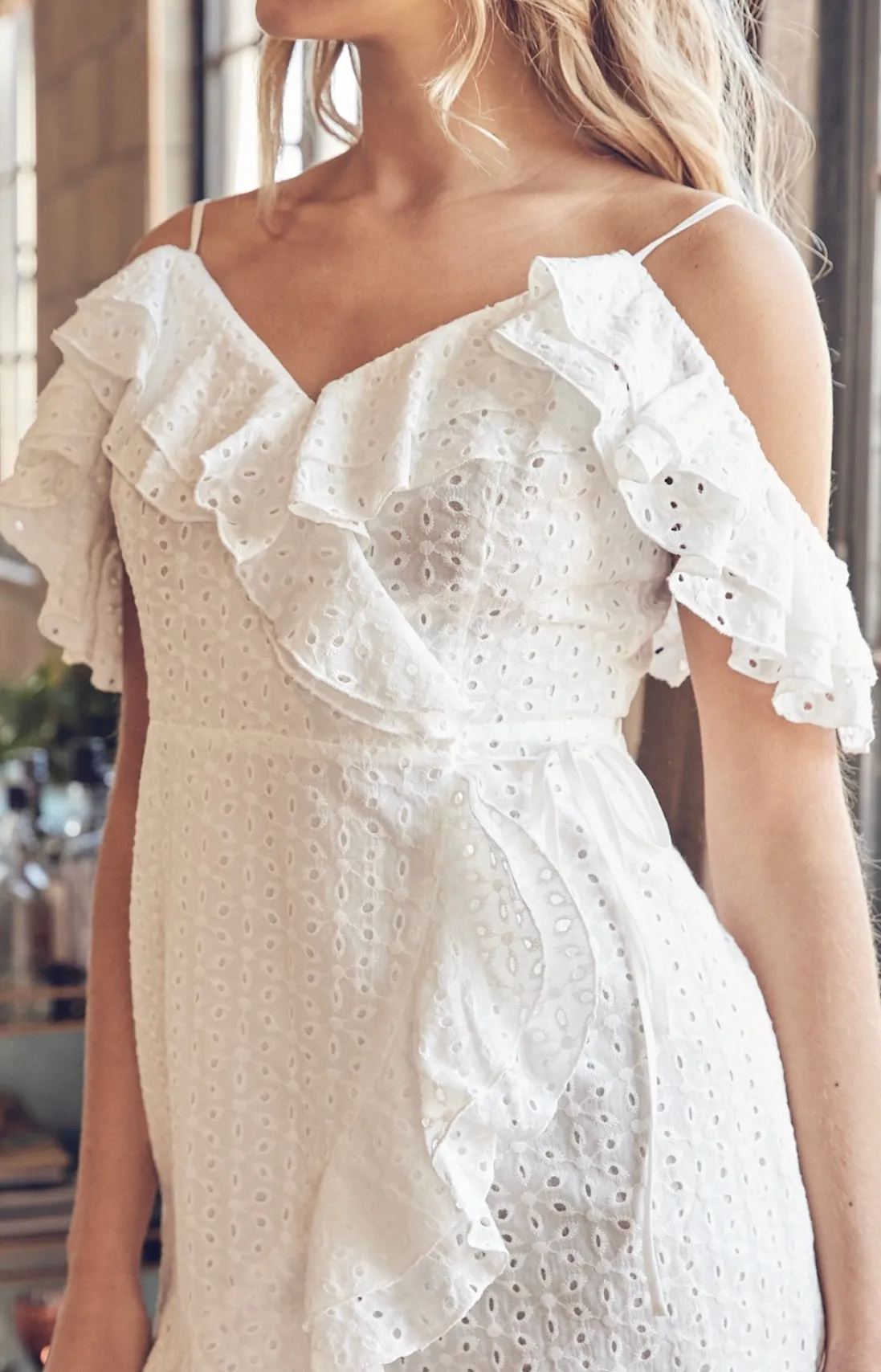 Eyelet Ruffle Faux Wrap Mini Dress