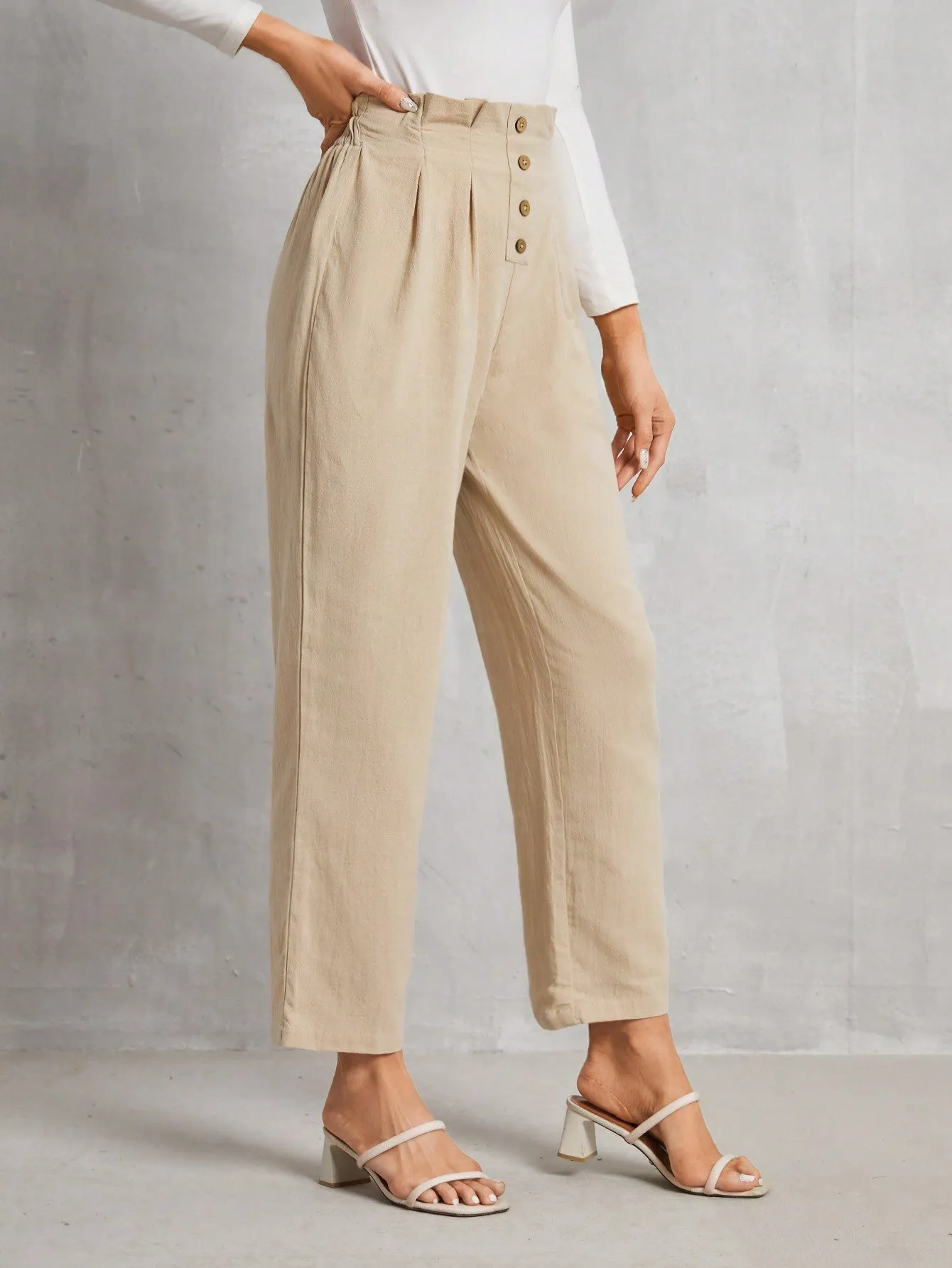 Frenchy High Waist Button Fly Fold Pleated Pants