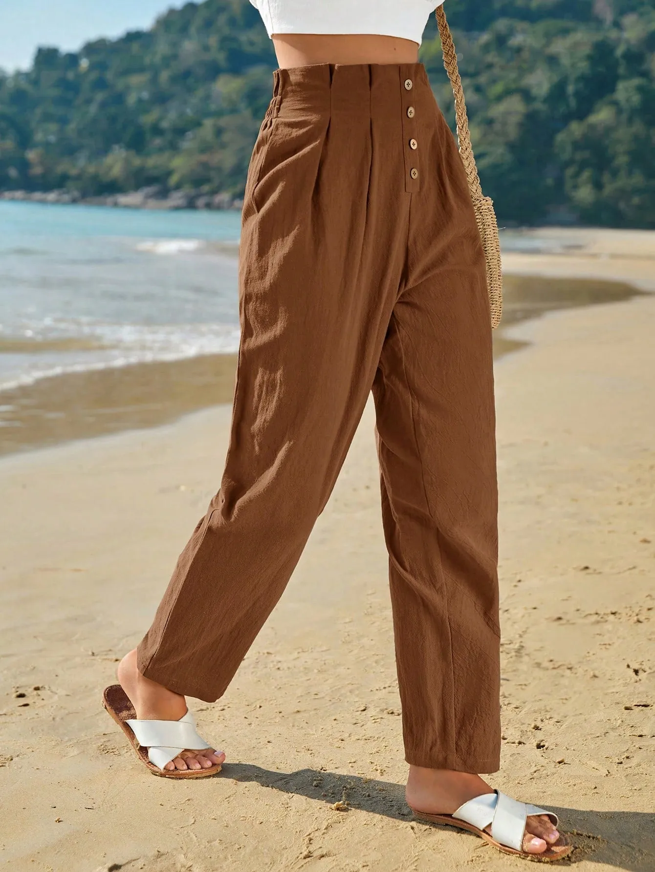 Frenchy High Waist Button Fly Fold Pleated Pants