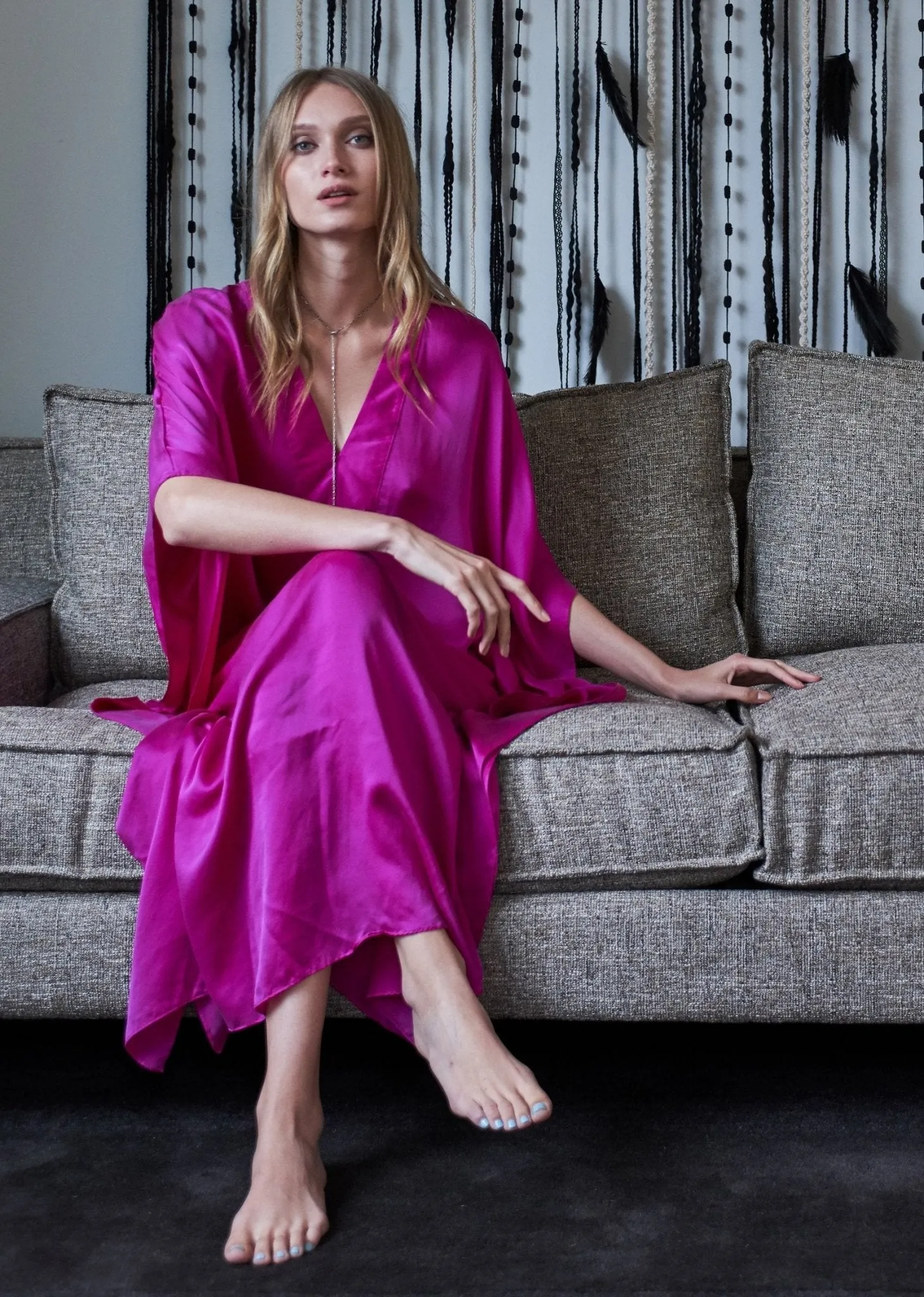 Fuchsia Silk Placket V-Neck Long Caftan - Sale