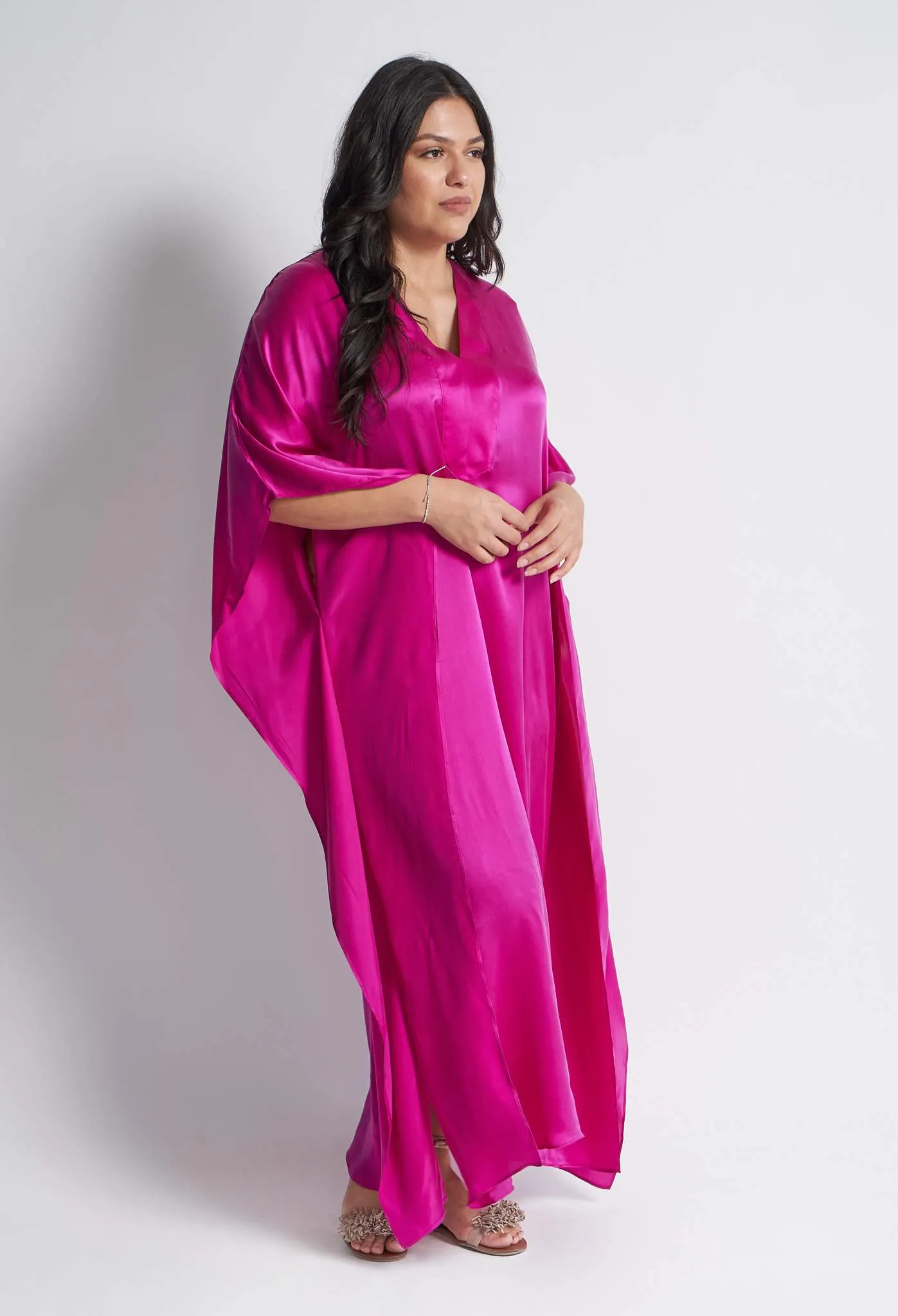 Fuchsia Silk Placket V-Neck Long Caftan - Sale
