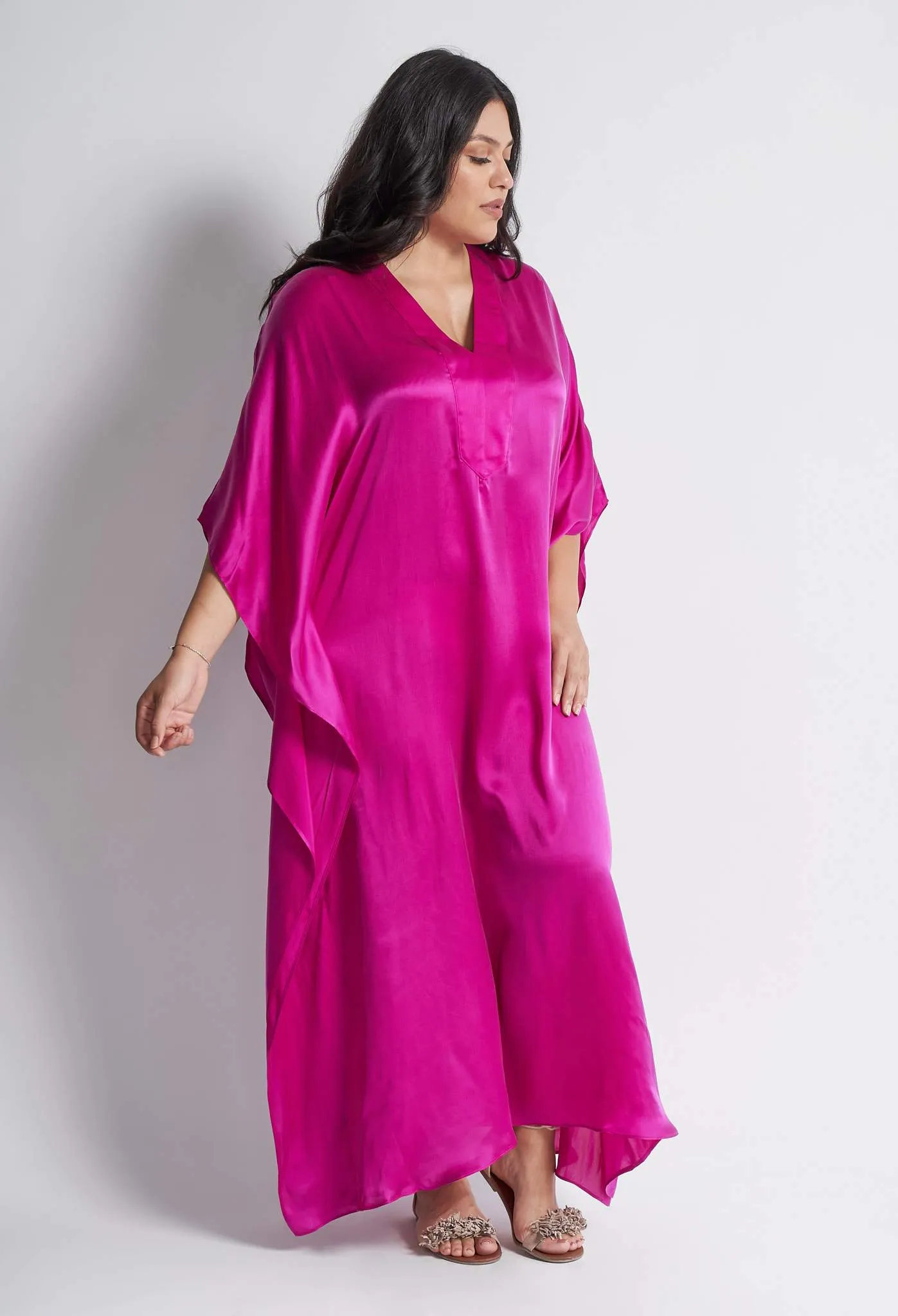 Fuchsia Silk Placket V-Neck Long Caftan - Sale