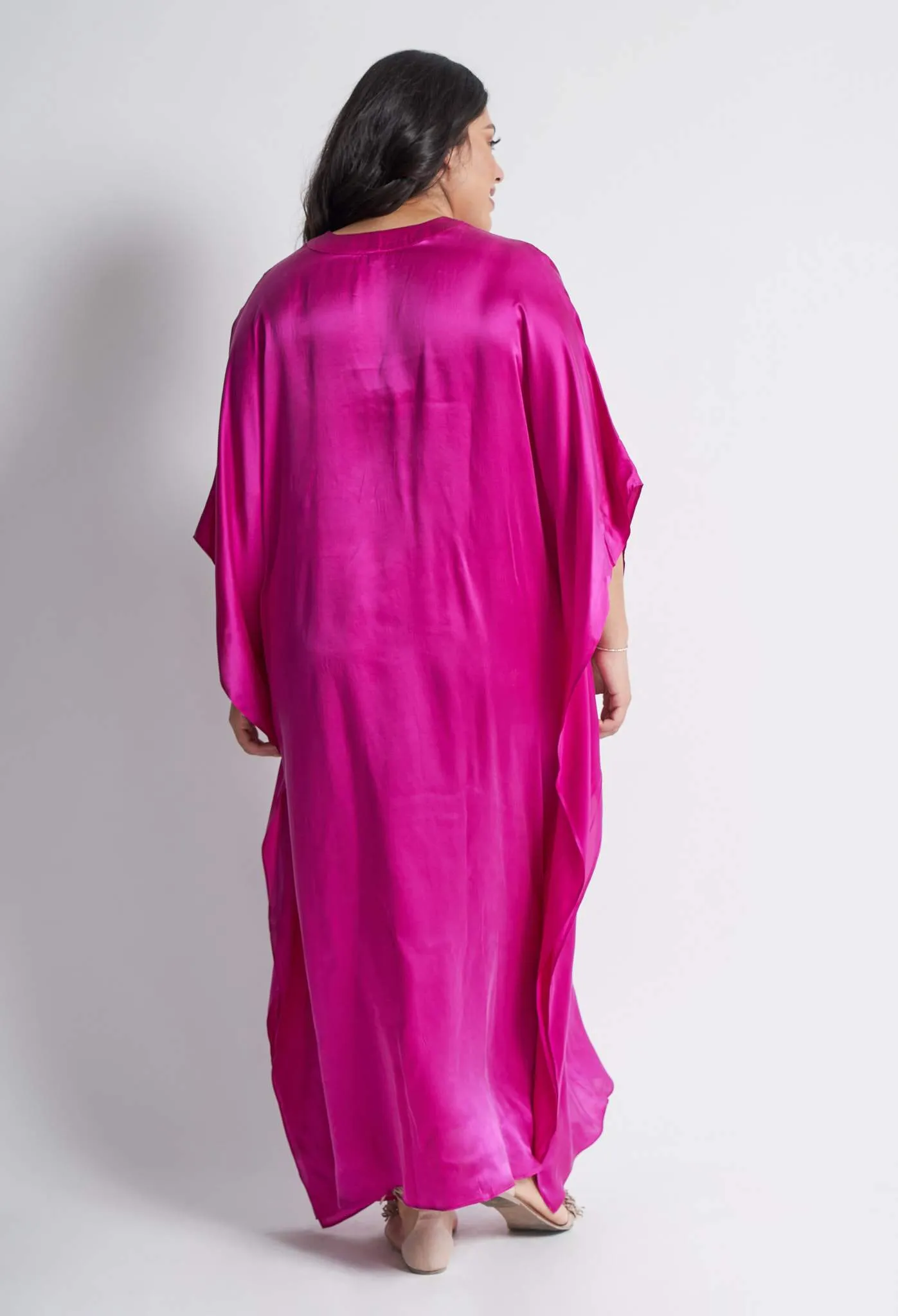 Fuchsia Silk Placket V-Neck Long Caftan - Sale