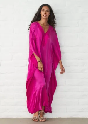 Fuchsia Silk Placket V-Neck Long Caftan - Sale