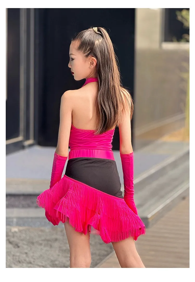 Girls Latin Dance Dresses Pink Wine Fringe Salsa Rumba Performance Costumes for Kids