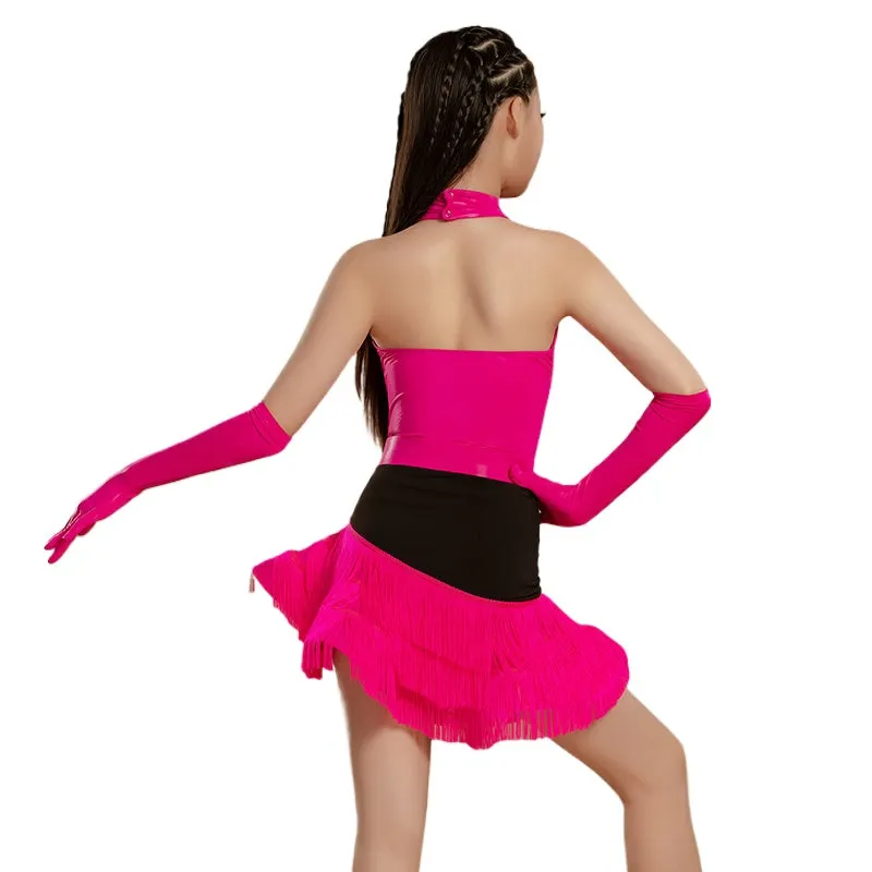 Girls Latin Dance Dresses Pink Wine Fringe Salsa Rumba Performance Costumes for Kids