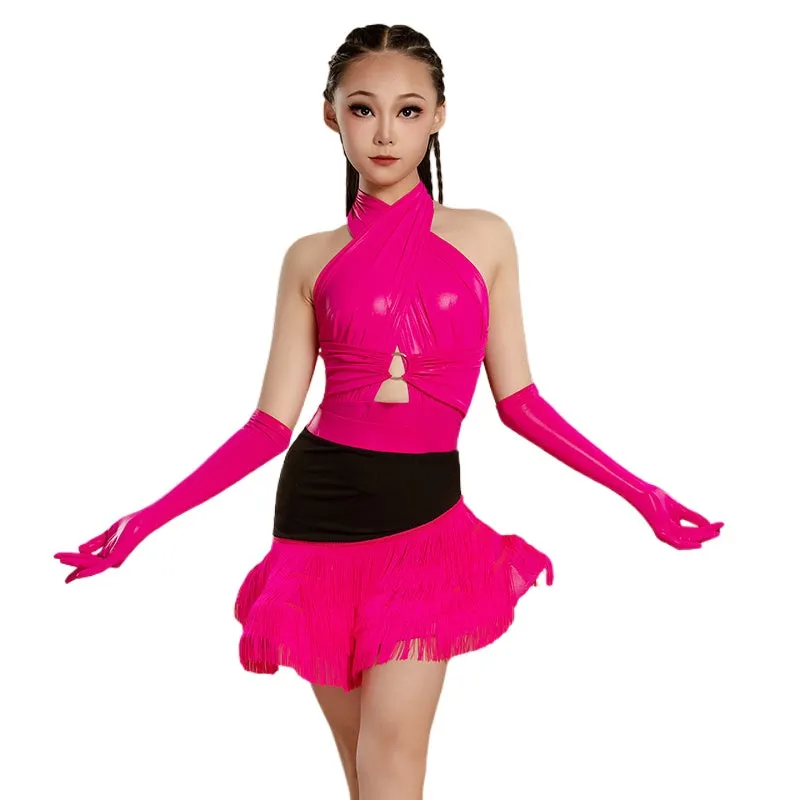 Girls Latin Dance Dresses Pink Wine Fringe Salsa Rumba Performance Costumes for Kids