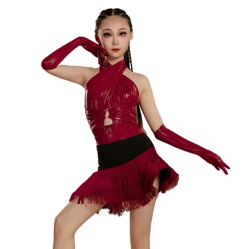 Girls Latin Dance Dresses Pink Wine Fringe Salsa Rumba Performance Costumes for Kids