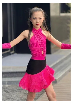 Girls Latin Dance Dresses Pink Wine Fringe Salsa Rumba Performance Costumes for Kids