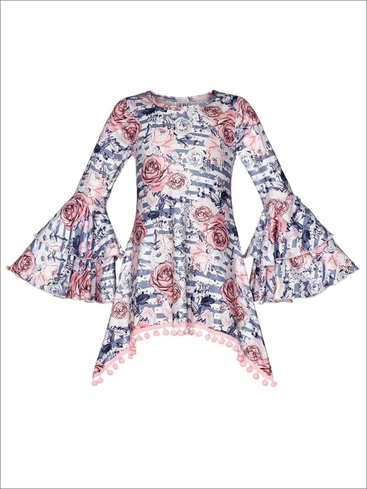Girls Tiered Boho Sleeve Sidetail Tunic with Pom Pom Trim